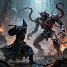 an epic cinematic battle, a wizard, an evil tentacle ai robot, octane render