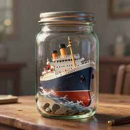 a sinking ship inside a glass jar!! standing on a wooden table in a cabin, metal lid on the jar, highly detailed, volumentric lighting, hyperrealistic, sharp focus, octane render 8 k, bokeh, specular highlights, subsurface scattering, artstation, cgsociety, painting by greg rutkowski, artgerm, wlop
