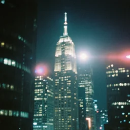 analog photographt of a cyberpunk city, lens flare, light leak