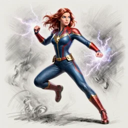 vfx marvel woman super hero photo real full body action pose, volumetric lightning, highly detailed, high quality, 3d render, art station, pencil art