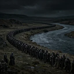 Medieval fantasy Army marching in a sinuous column along a river, Scenic view at night, underexposed, clean horizon, matte painting by craig mullins and dan mumford, dark fantasy, style of game of thrones, concept art trending on artstation, 4k, insane details
