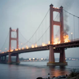 lomo photo of a large burning bridge, cinestill, bokeh, out of focus, night, dramatic lighting