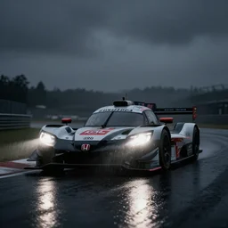 Honda Civic 2022. Honda LMP1 car racing on dimly lit track overcast skies raining headlights illuminating track, volumetric lighting cinematic vray photo muted colors dark cinematic. front side view uncropped centered. artstation trending dramatic harsh lighting low exposure