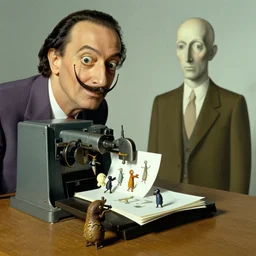 strange machine making copies of weird small beings by salvadore dali and rene magritte