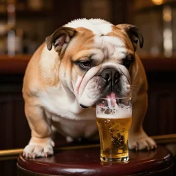 a closeup, 4 5 mm, detailed photograph of a english bulldog drinking a beer on a bar - stool, sitting at a bar on a bar - stool, beautiful low light, 4 5 mm, by franz lanting