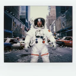 shocking!!! dramatic!!! american white spacesuit astronaut with oversized helmet in postapocalyptic abandoned destroyed times square, wrecked buildings, destroyed flipped wrecked cars, giant crater in distance, polaroid photo, vintage, neutral colors, by gregory crewdson