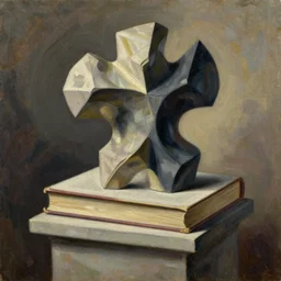 ultrafine detailed painting of a book on top of a plinth, biomorphic, still life by julian schnabel and gertrude abercrombie, tonalism, oil on canvas, abstract sculpture, surrealist painting, wikiart, behance, conceptual art