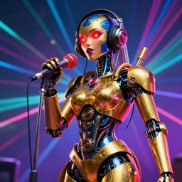 portrait photo of a giant huge golden and blue metal humanoid female steampunk robot singer with headphones and microphone and gears and tubes, in the foreground is a big red glowing microphone on a tripod, eyes are glowing red lightbulbs, shiny crisp finish, 3 d render, 8 k, insaneley detailed, fluorescent colors, background is multicolored lasershow