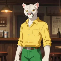 character portrait of a anthro albino mountain lion wearing a yellow button-down shirt and green slacks at an old-timey saloon. hidari, color page, tankoban, 4K, tone mapping, Akihiko Yoshida.