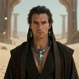 closeup portrait of a man with angular alien jewellery, wearing dark robes, in a futuristic desert palace, bokeh, sci - fi concept art by greg rutkowski and gustave dore