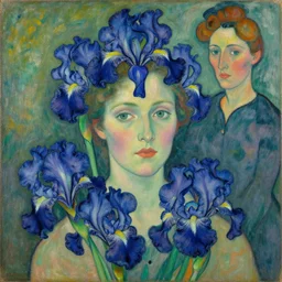 portrait of a woman with wild exoticiris. indigo blue, turquoise. henri de toulouse - lautrec, egon schiele, gauguin, kathe kollwitz