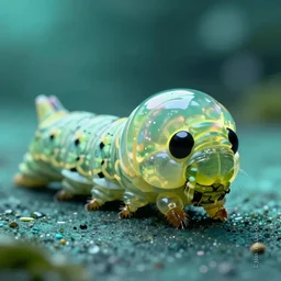 high quality macro photo iridescent translucent caterpillar! cute highly detailed david ligare elson peter cinematic teal lighting high quality low angle hd 8k sharp shallow depth of field
