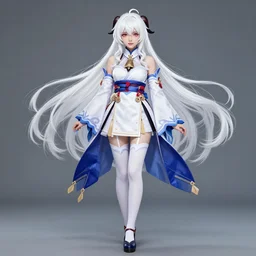 full body shot of a japanese princess young lady, beauty, with a long white, white hair, ganyu cosplay, artwork by Akihiko Yoshida