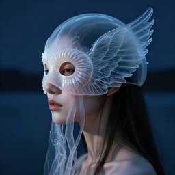 surrealism, night background lake, 3 / 4 profile close up portrait with mask of a goddess jellyfish nautilus translucent intricate swan wings, artwork by tooth wu and wlop. octane render, trending on artstation, greg rutkowski cinematic, hyper realism, high detail, octane render, 8 k