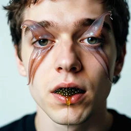 a man, whose eyes have been replaced with squids, looks down into your eyes. 3 5 mm film studio lighting perfect focus. his slack mouth filled with drooling caviar