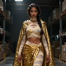Dark warehouse, a young woman with tan skin and braided dark hair, full body modelling in gauze bandages, gold cloth wraps, sarong, gold heavy cloak, serious expression, spotlight on subject, detailed face, digital anime art, by WLOP