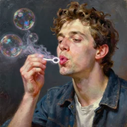 a portrait of bubbles from trailer park boys blowing bubbles. oil painting by jacques - louis david