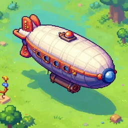 Photo of airship in steampunk, pixel art, colorful, ArtStation, Unreal Engine, isometric view. Game RPG
