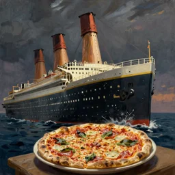 painting of the titanic hitting pizza in the style of george philip reinagle