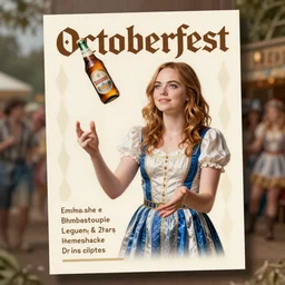 large octoberfest invite card, emma stone juggling beer bottles, photoshoot, 4 k, hyper realistic, natural, highly detailed, digital illustration, trending in artstation, classical painting, smooth, sharp focus art by ilya repin