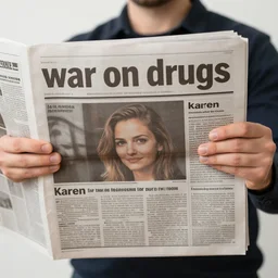 a man holding a newspaper with the headline'war on drugs ', karen knorr, analogue photography, high contrast, black and white