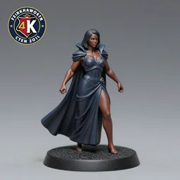 80mm resin detailed miniature of a Very Muscular Queen, long cape, dark skin, short black hair, on textured disc base, Company logo in upper left corner; Miniature product Photo, 4K, Full body