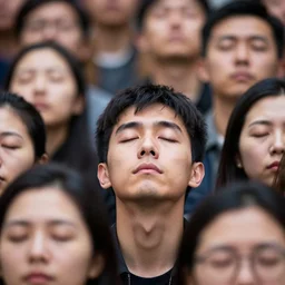 a man with eyes wide open surrounded by people with their eyes completely shut