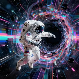 astronaut sucked into blackhole synthwave, glitchy, reflective, holographic, neon