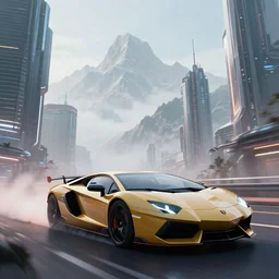 epic digital art of faint tall mountains in background,, photorealistic synthwave lamborghini driving through futuristic city towers with glowing edges, wlop, pixiv