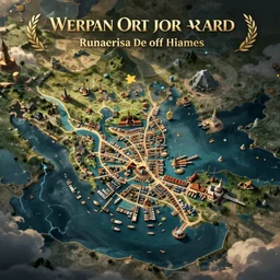 Elaborate map of a port city in a fictional region, fantasy cartography