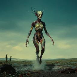 the strange creature levitates, they told me to stay, made of Chlorophyll and blood, film still from the movie directed by Denis Villeneuve with art direction by Salvador Dalí, wide lens