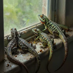 the window sill is filled with lizards and maggots, digital painting masterpiece by rembrandt, by tite kubo, yusuke murata, gorgeous, scary, intense, 4 k wallpaper, concept art