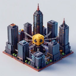 voxel art of a cyberpunk blockchain city, chains connecting separate blocks, blockchain, symmetry, intricate, volumetric lighting, beautiful, rich deep colors masterpiece, sharp focus, ultra detailed, in the style of john harris