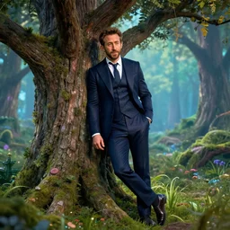 ryan reynolds wearing magical boy outfit leans against magical tree romance novel fantasy artwork epic detailed and intricate digital photo trending on artstation by wlop octane render