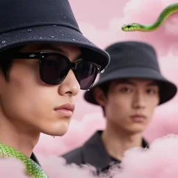 close - up, one fashion model in sunglasses and another one model with hat and without sunglasses, pink clouds background, green snakes, hyper detailed, photo realistic, vouge style photo, drops of clean water, artwork by tooth wu and wlop and beeple and greg rutkowski