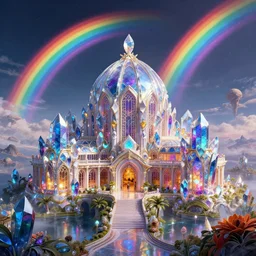 giant crystal palace complex on an alien planet, rainbows, vivid color, highly detailed, intricate, by Raphael Lacoste, Eddie Mendoza, Alex Ross, Pilar Gogar, matte painting, 8K HDR