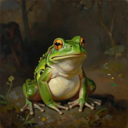 a happy frog by Ansel Adams and Bernardo Bellotto, oil on canvas, artstation, dramatic scenery, masterpiece, aesthetic