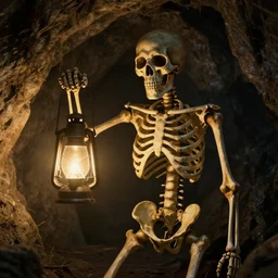 a skeleton holding a latern in cave, hyper detailed, high quality, 8k, fantasy