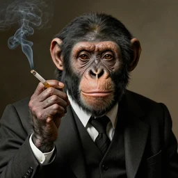 a high detail portrait of a  chimp wearing a suit 👔,and smoking🚬, by Rembrant