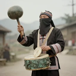 nanning, guangxi a zhuangzu medicine man or shaman in ceremonial dress with a covered face, holding a dong son bronze drum. photograph, ca. 1 9 2 0