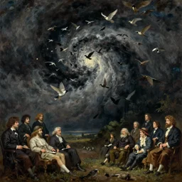 a mysterious realm of swirling darkness and shadow with a swarming flock of birds, extremely detailed oil painting, rhads, sargent and leyendecker, savrasov levitan polenov, bruce pennington, studio ghibli, tim hildebrandt, digital art, landscape painting, trending on artstation, masterpiece