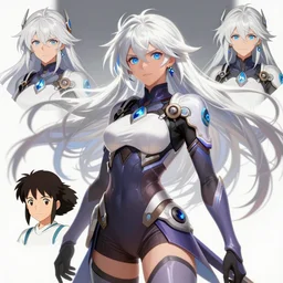 highly detailed, digital art, pixiv fanbox, trending on artstation, ray tracing, volumetric lighting, sharp focus, hq, overwatch style dps female character, long messy wild white hair and blue eyes, character concept design sheet, arcane, by artgerm, wlop, greg rutkowski, miyazaki hayao