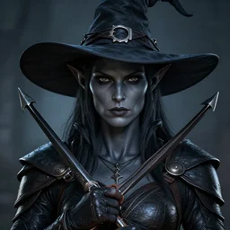 a face portrait, female drow elf, dark grey skin, serious face, with hand crossbow, wearing a witch hat, hunter, slick leather armor, style by donato giancola, wayne reynolds, jeff easley dramatic light, high detail, cinematic lighting, artstation, dungeons and dragons