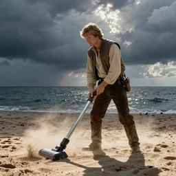 Luke Skywalker vacuuming the beach to remove sand