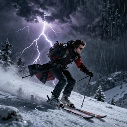 dracula skiing down a mountain a night in a thunderstorm, digital art, highly detailed, epic composition, cinematic lightning