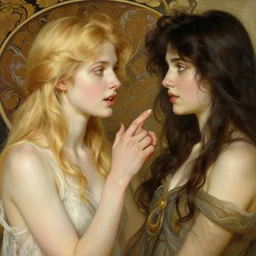 blond woman talking to a dark - haired woman, ultra realistic illustration, intricate, elegant, highly detailed, digital painting, artstation, concept art, smooth, sharp focus, illustration, art by artgerm and greg rutkowski and alphonse mucha