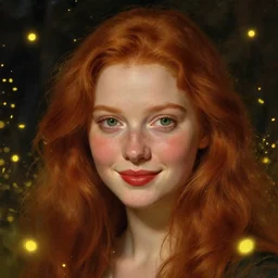 a highly detailed portrait of a red haired young woman, among golden fireflies and nature by night, backlit, deep green eyes, round gentle face, hint of freckles, cheeky smile with red lips, deep focus, smooth, sharp, golden ratio, elegant, digital painting by artemisia lomi gentileschi, caravaggio, artgerm, alphonse mucha