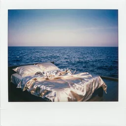 grainy Polaroid film photograph of an empty bed with silk sheets floating in the middle of the ocean. super resolution. surreal. Extremely detailed. Polaroid 600 film. by Annie Leibovitz and Richard Avedon