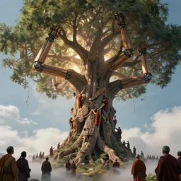 a giant climbs a tree made of biomechanical arms and legs, intricate details, finger branches, backlit, clouds, a crowd of robed worshipers, giant people climbing the tree, concept art, by greg rutkowski