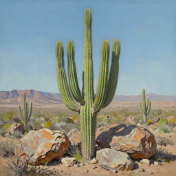 beautiful oil painting a large cactus plant and  rocks on the desert by Mark Maggiori